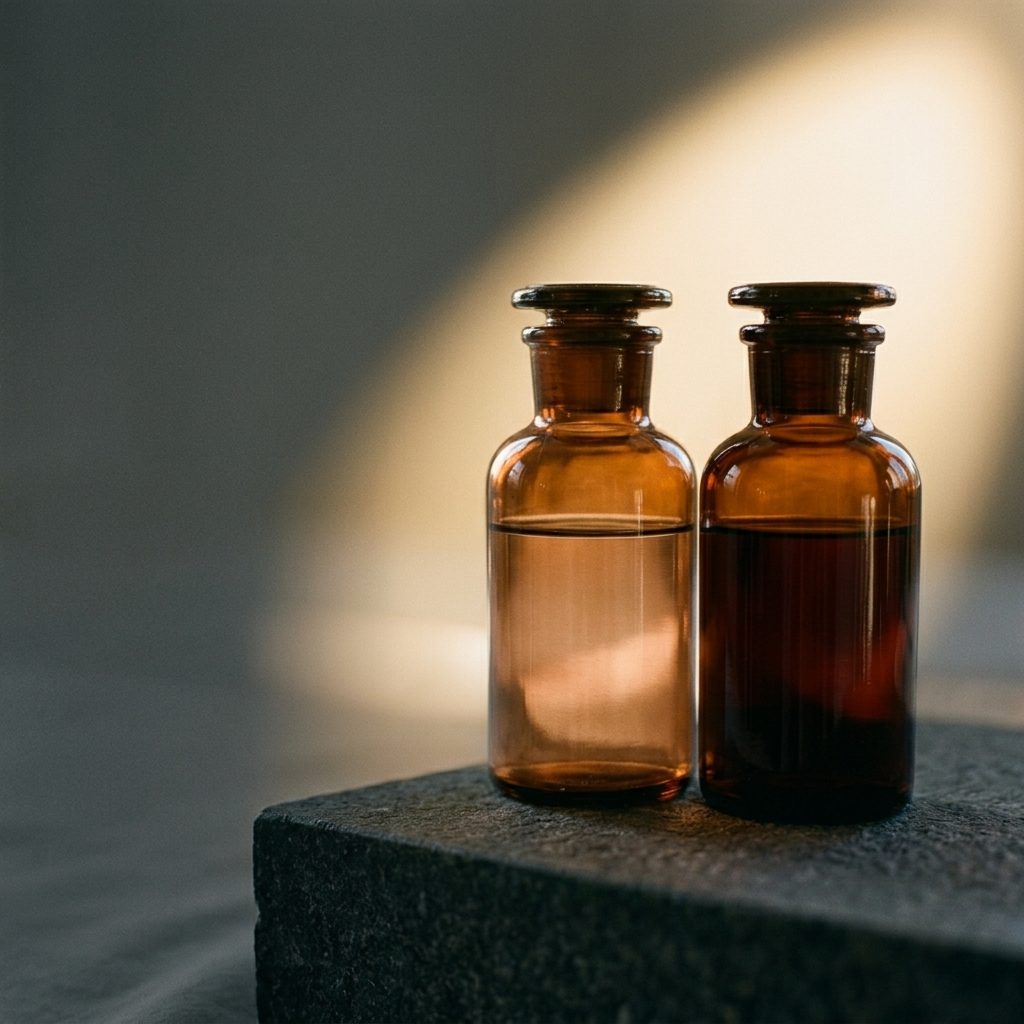 Two amber bottles, pale and deep bronze, on charcoal stone