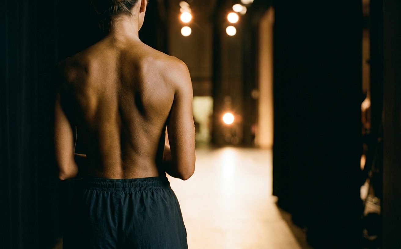 Competitor backstage under warm stage lights