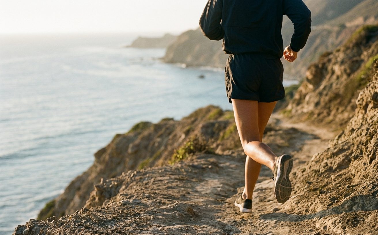 Runner on a cliffside trail above the Pacific at dawn