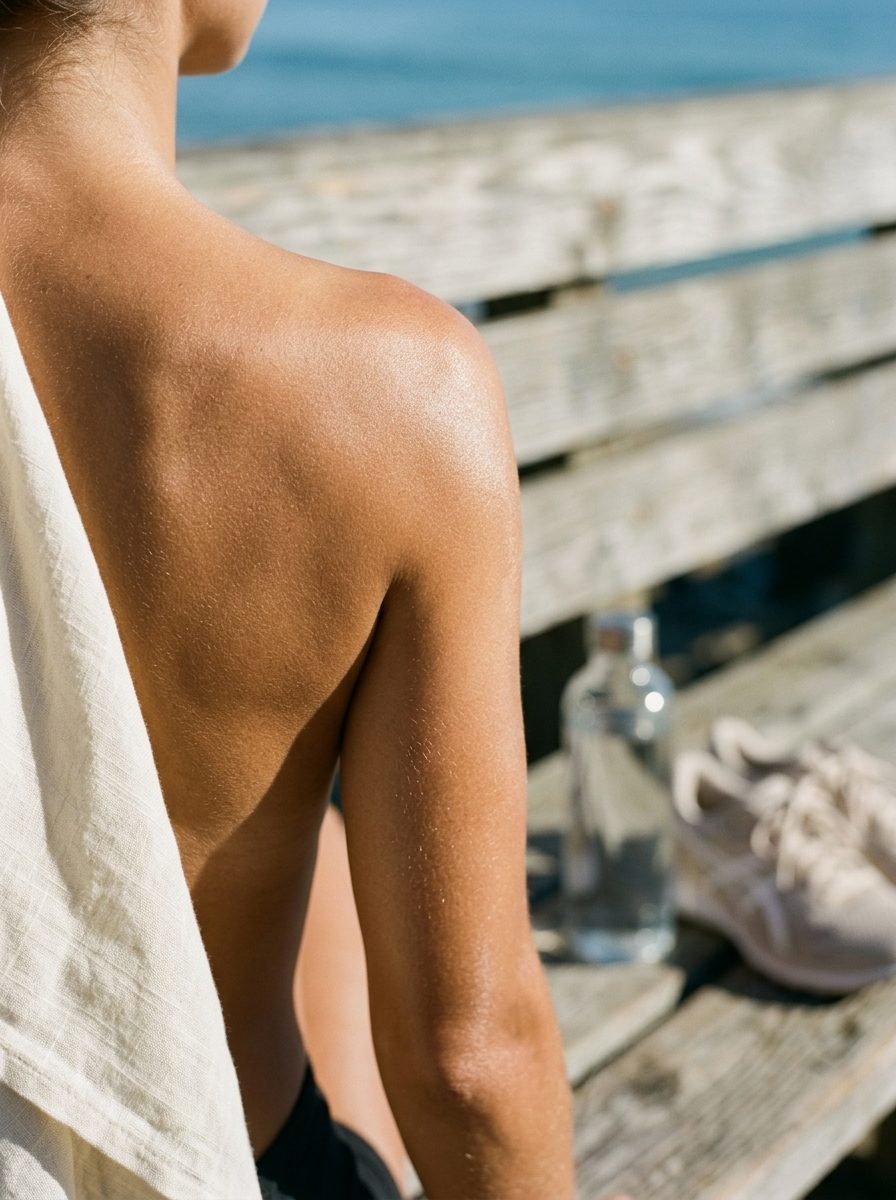 Coastal boardwalk at dawn with sneakers, water bottle, and folded linen