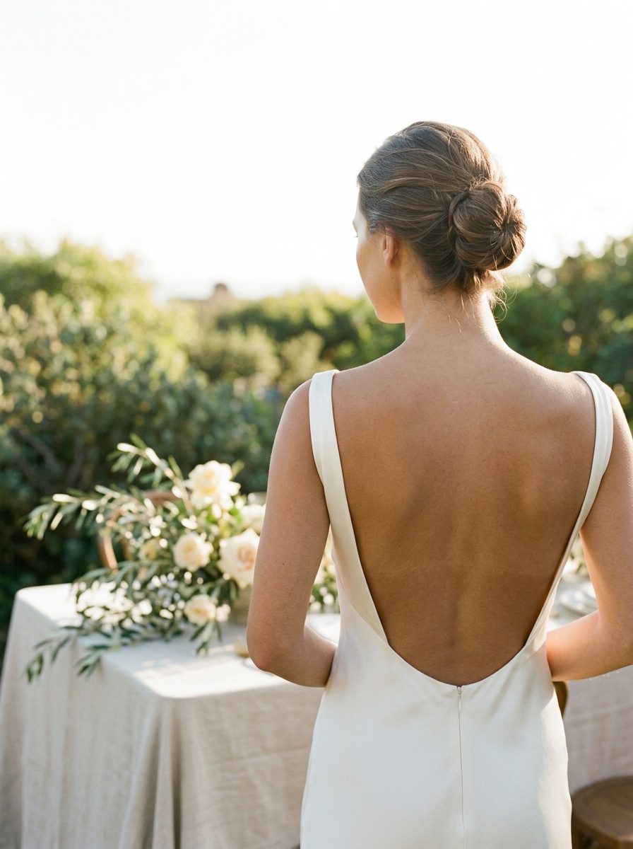 Sun-washed wedding table with linen, olive branches, and cream florals