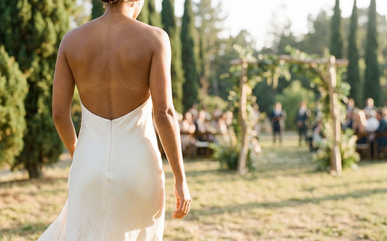 Bride in an open-back gown walking through a cypress garden