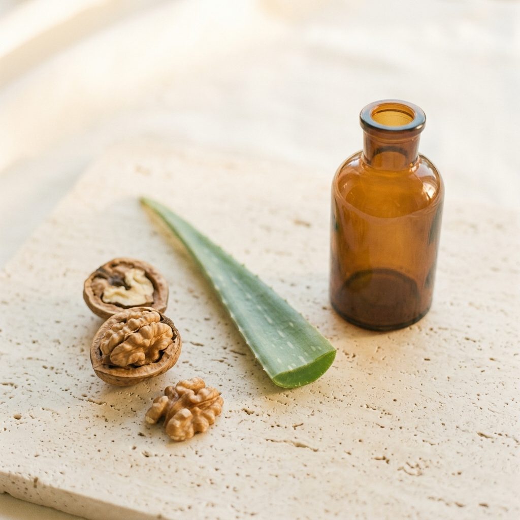 Botanicals and an amber bottle on travertine