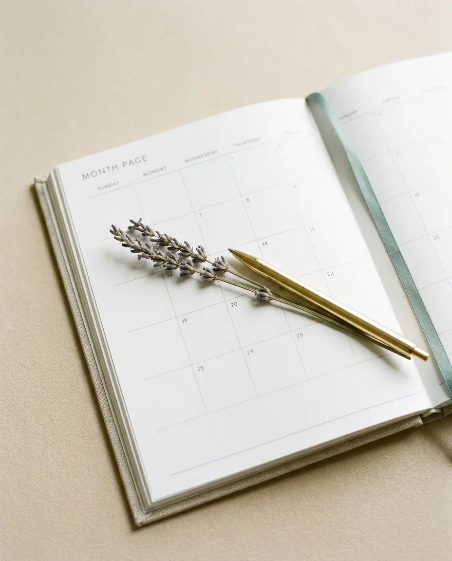 Open planner with a gold pen and a sprig of lavender