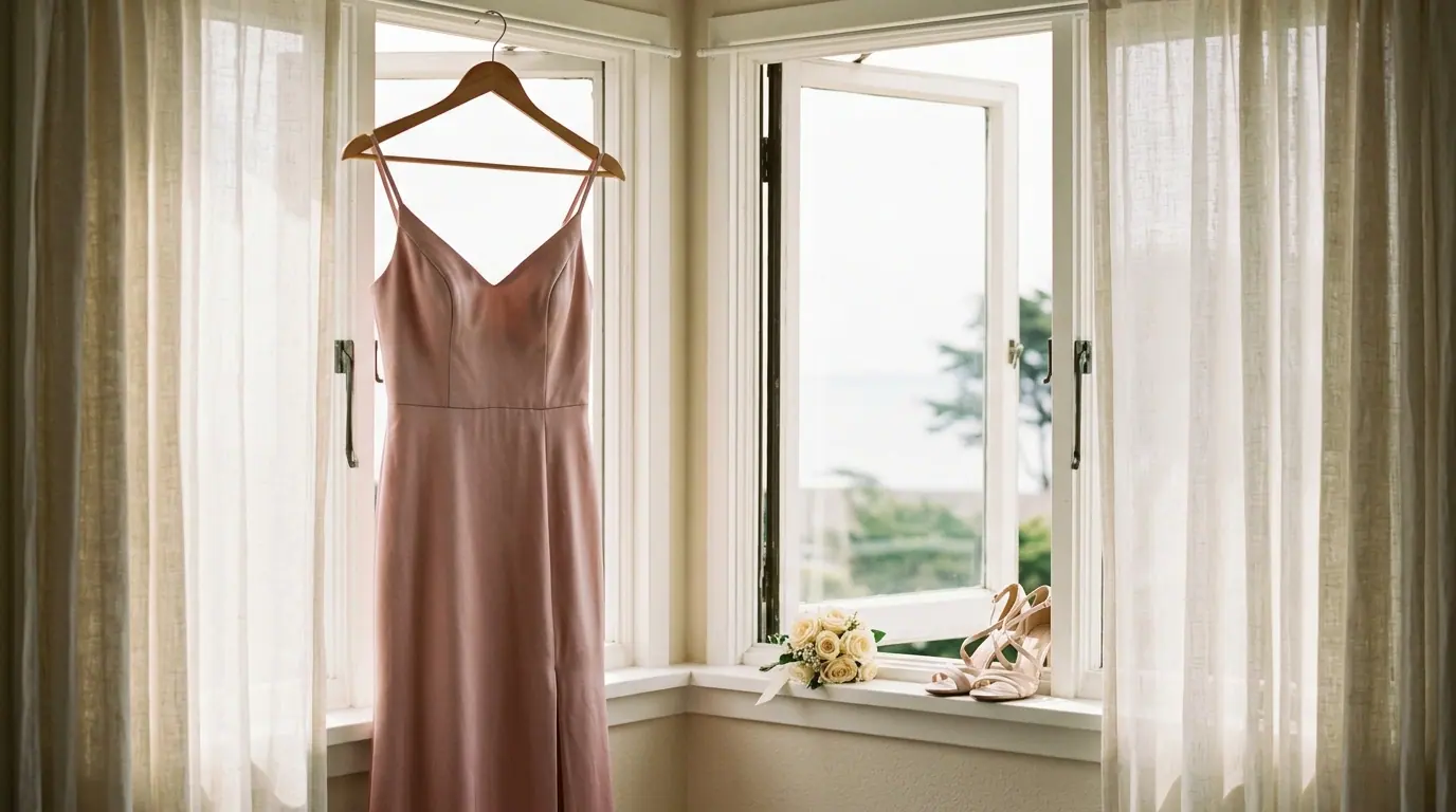 Blush formal dress hanging in a sunlit window above the sea