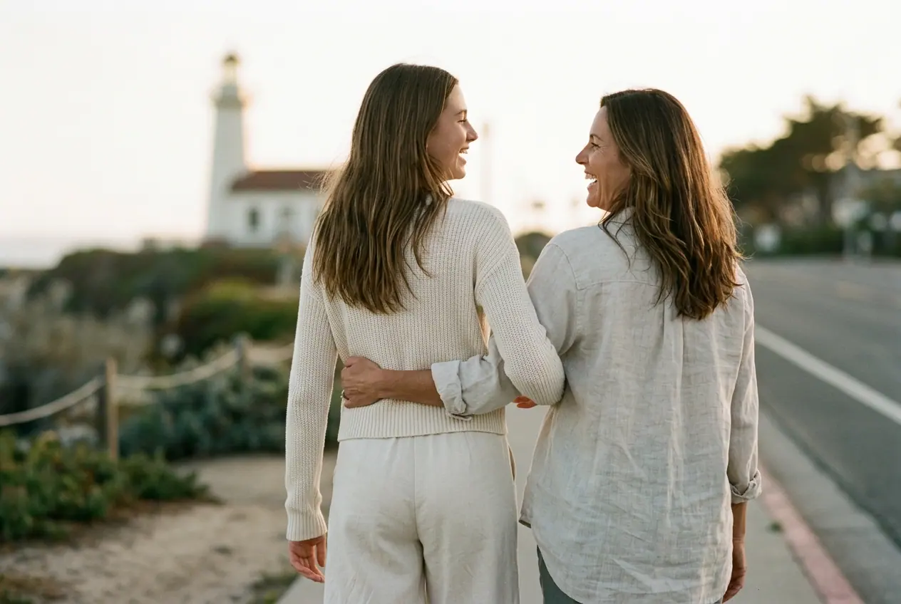 Mother and daughter arm in arm on a coastal path by a lighthouse