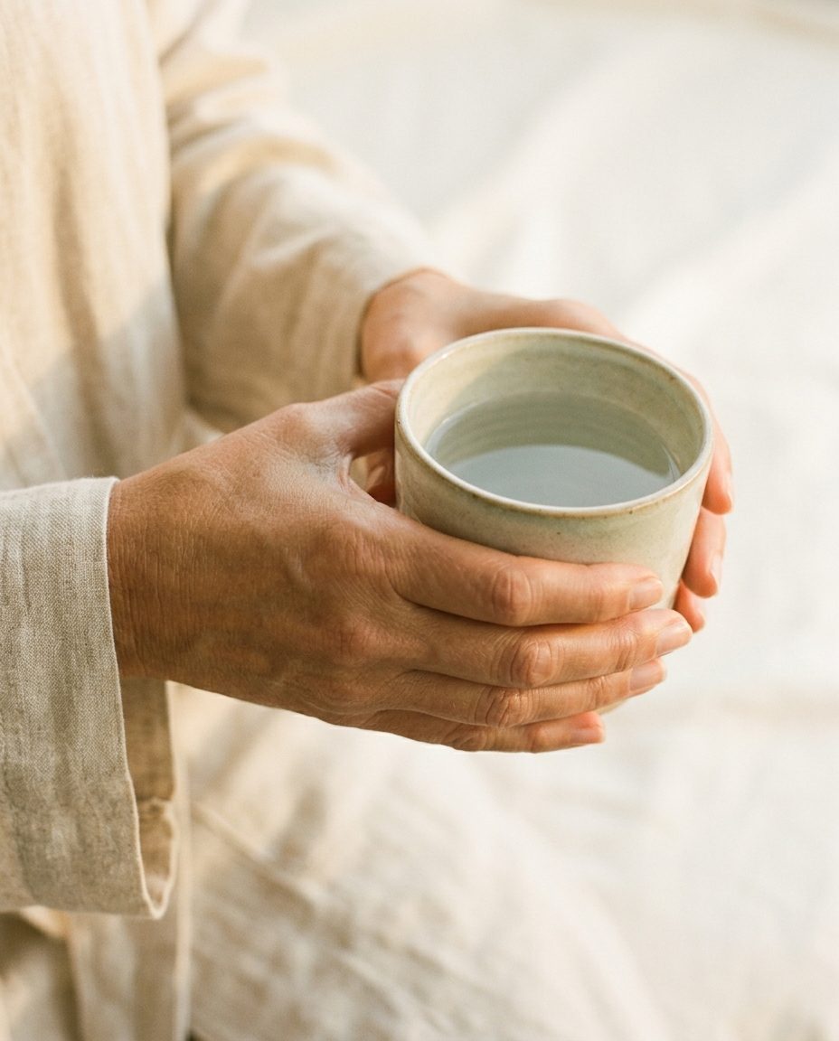 Hands holding a ceramic cup of water