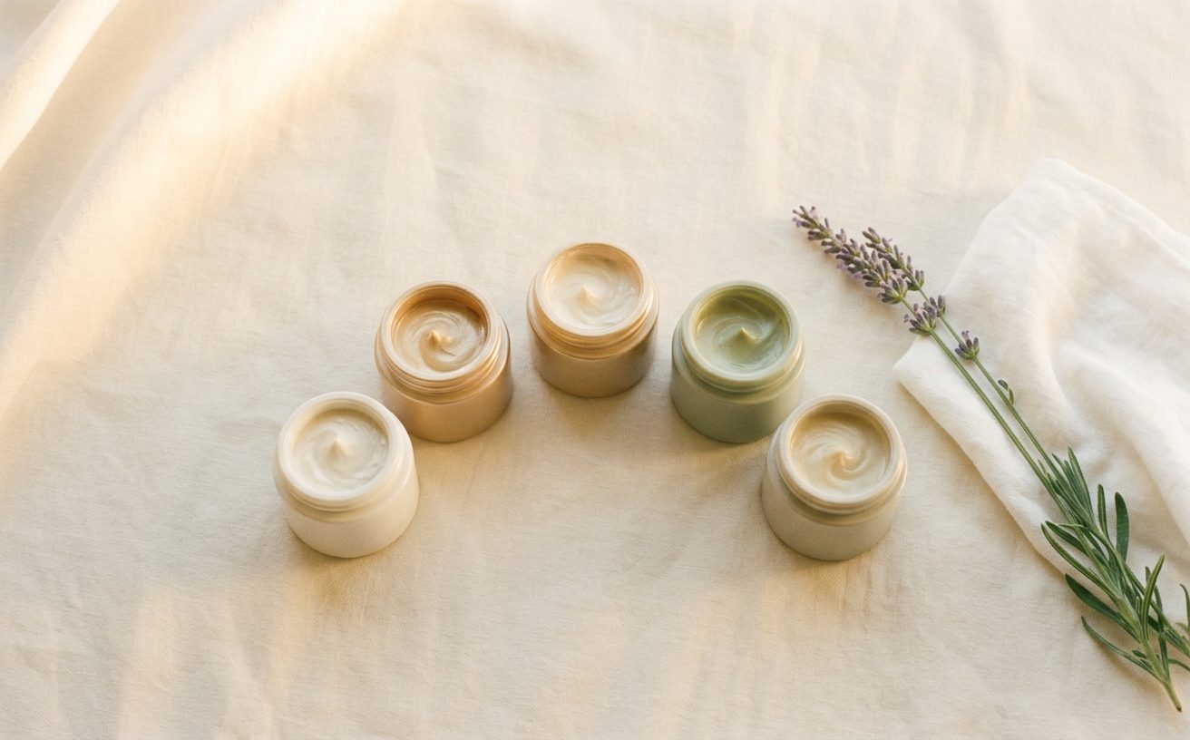 Five ceramic cream jars with lavender on linen