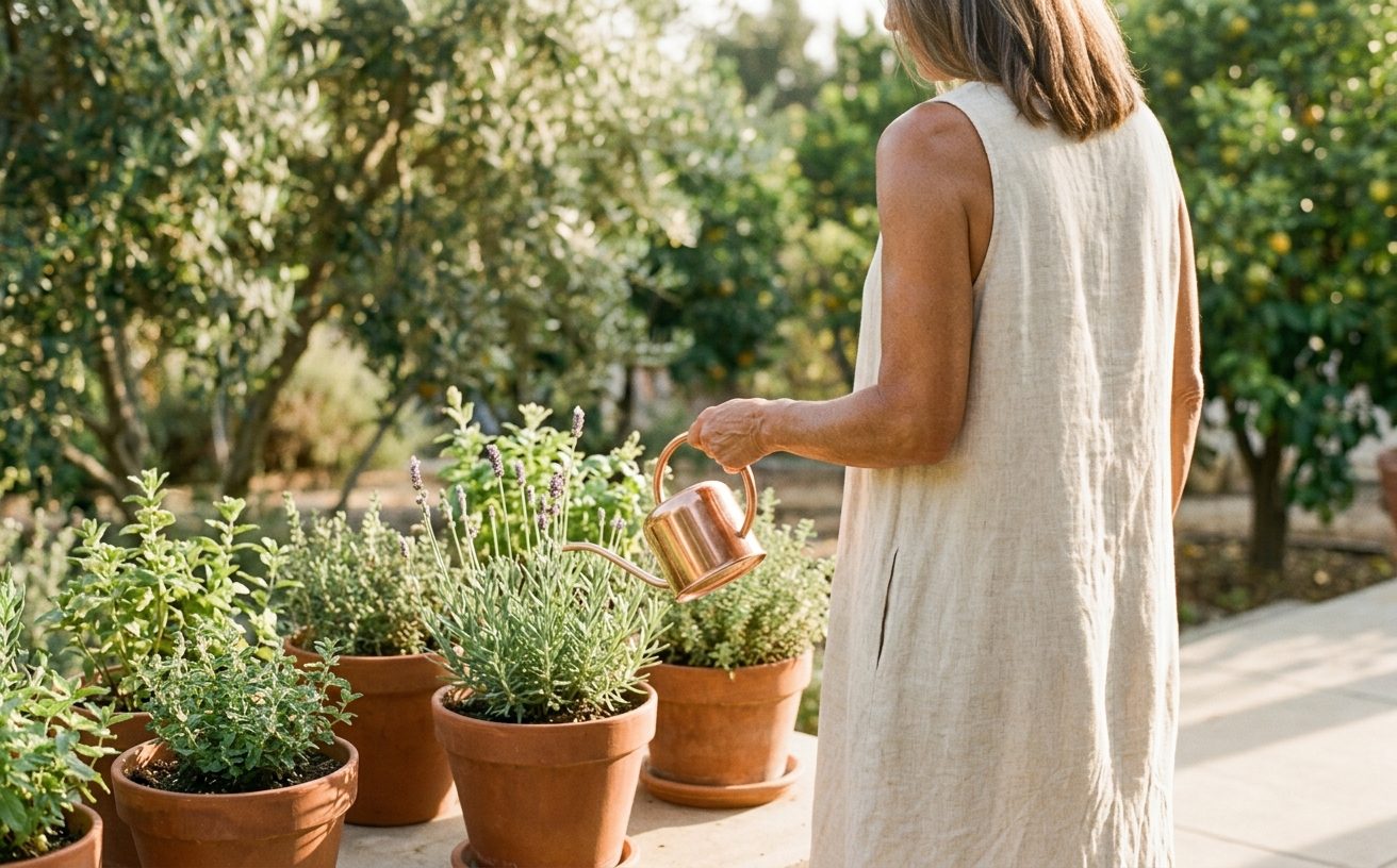 Woman in a linen dress watering herbs on a sunlit patio