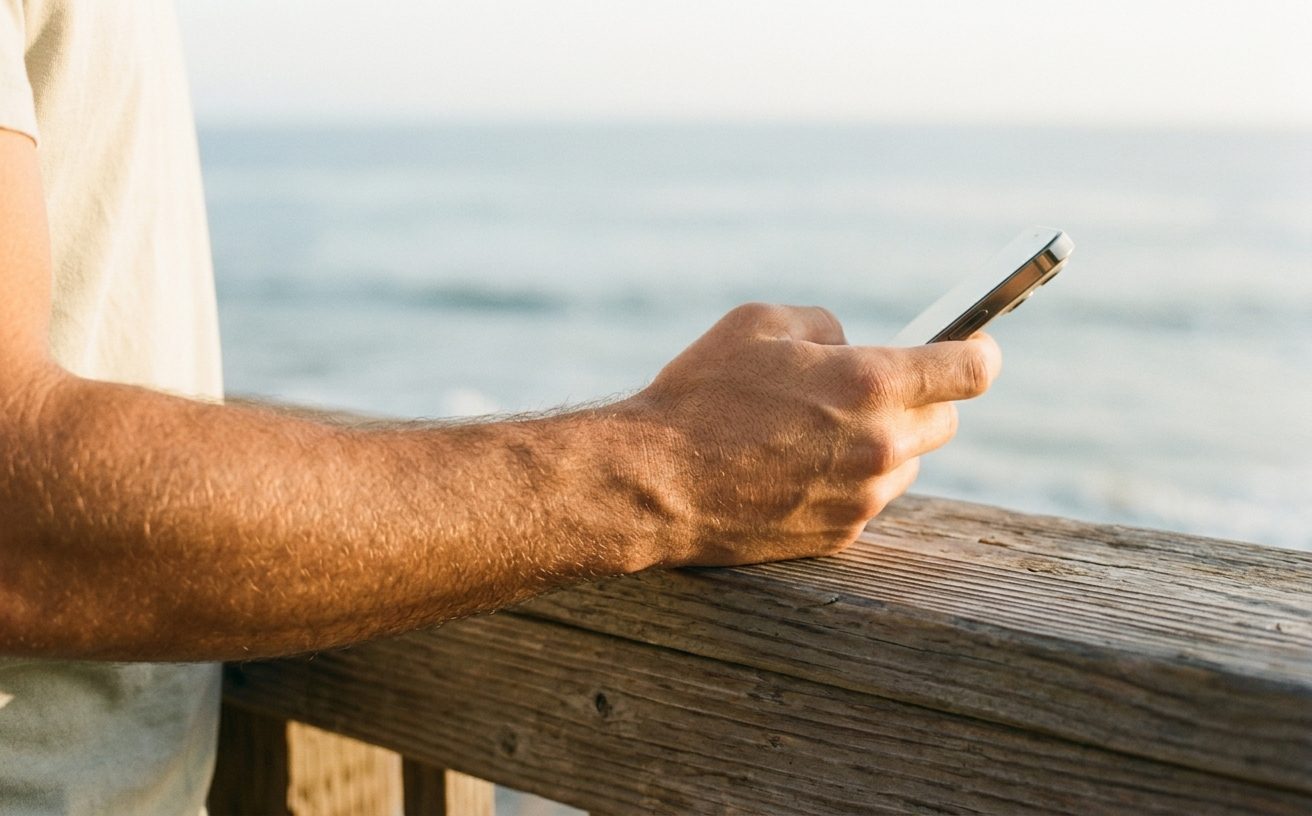 Hand holding a phone at a coastal railing