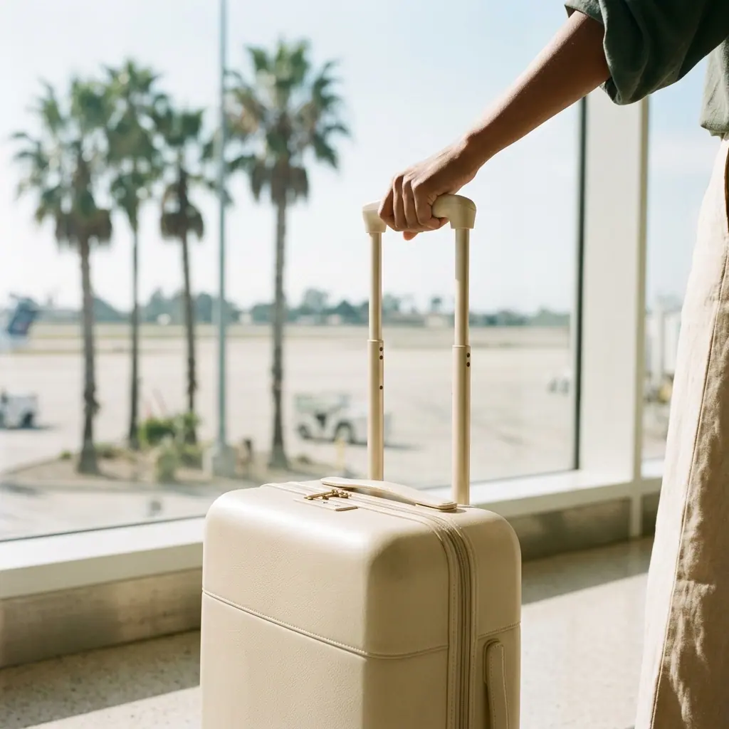 Hand on a cream suitcase by a window looking out at palms and the beach