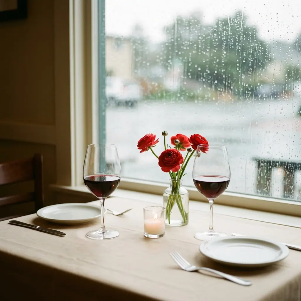 Table for two with red wine and red flowers by a rain-streaked window