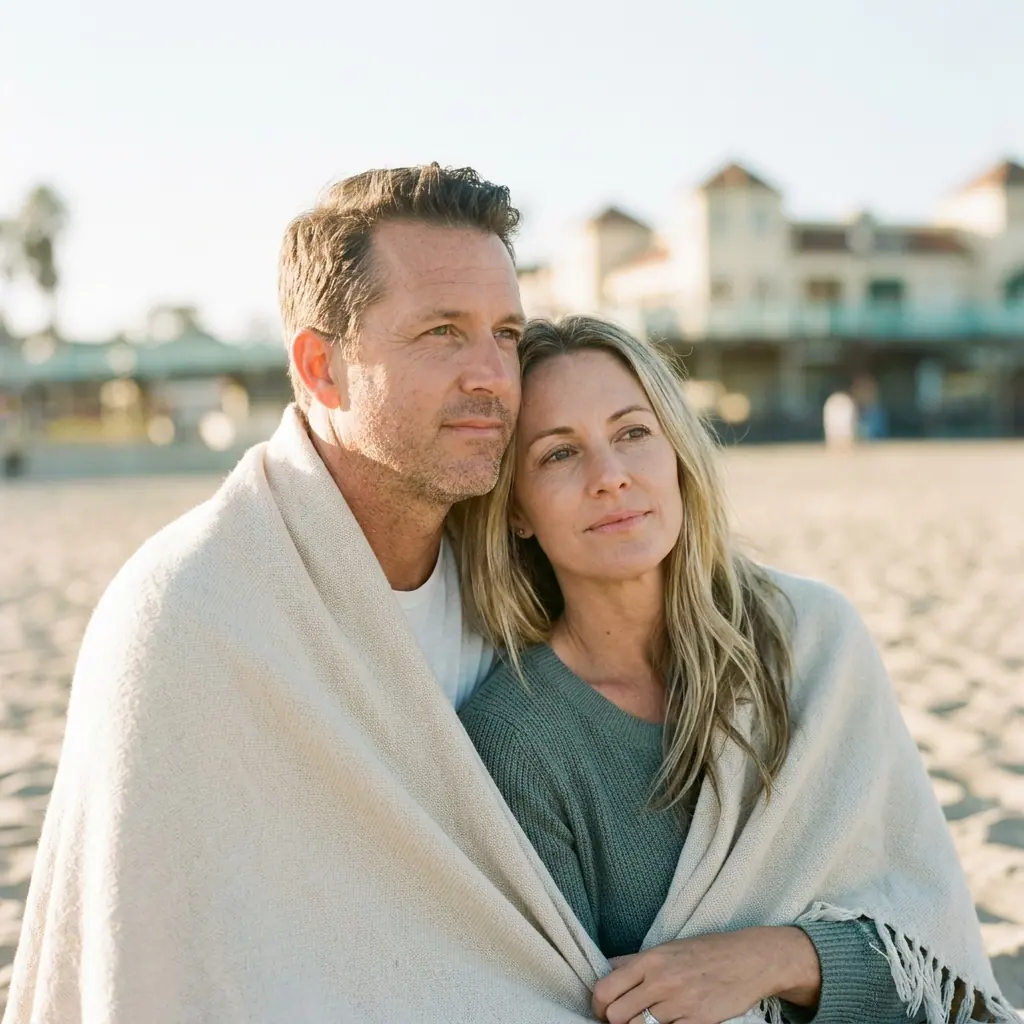 Couple wrapped in a blanket on a Santa Cruz beach