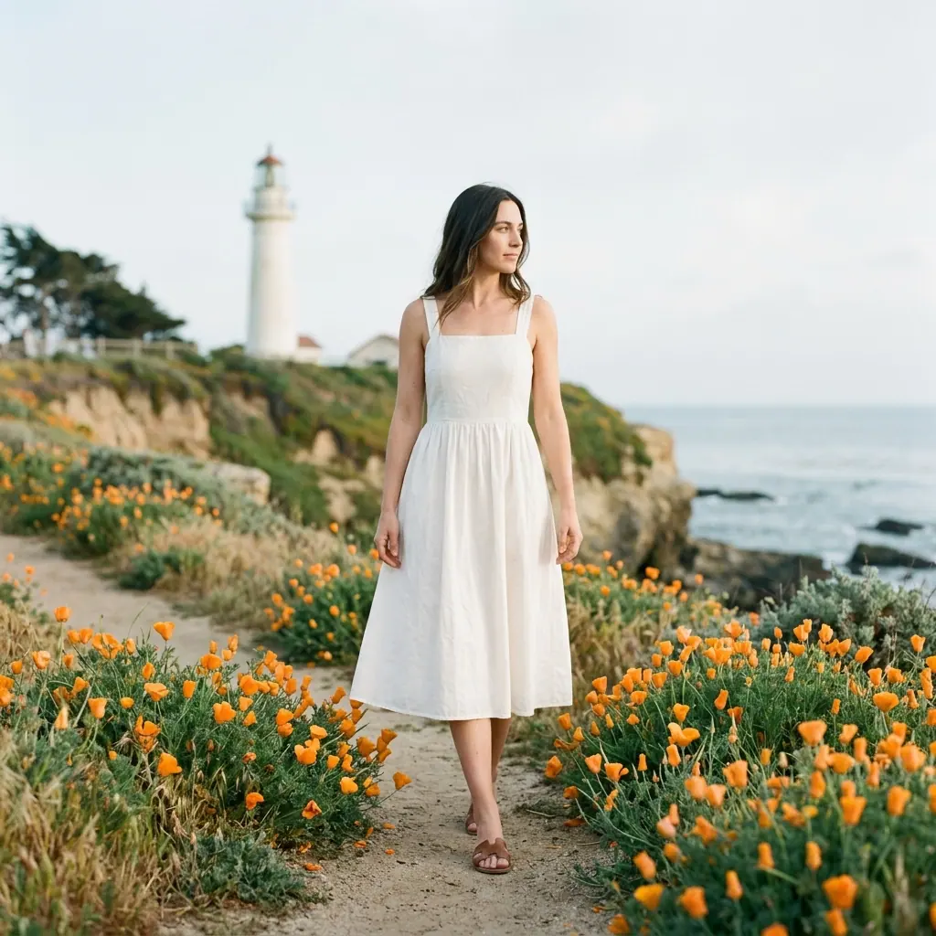 Woman in a white sundress among orange poppies on a coastal path by a lighthouse