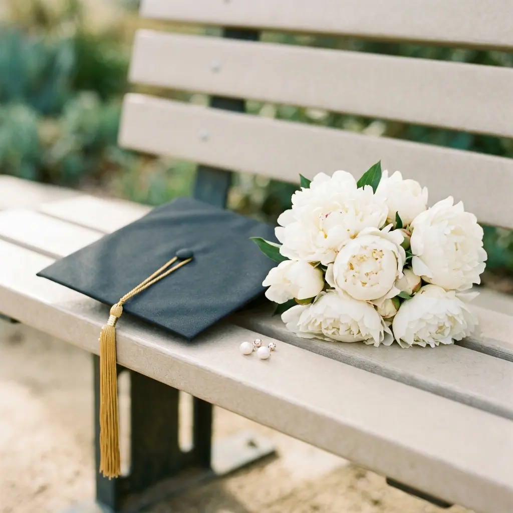 Graduation cap and white peonies on a weathered bench