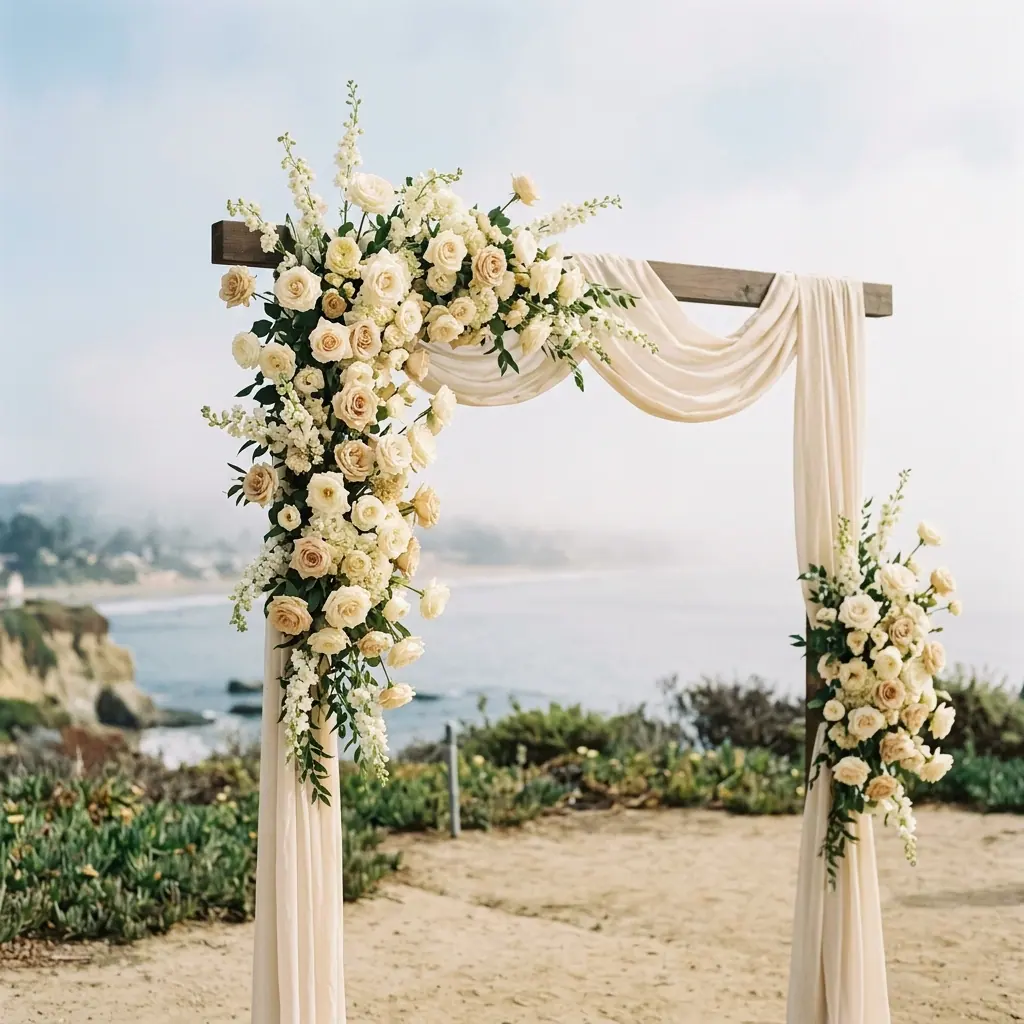 Wedding arch draped in linen and flowers above a foggy coast