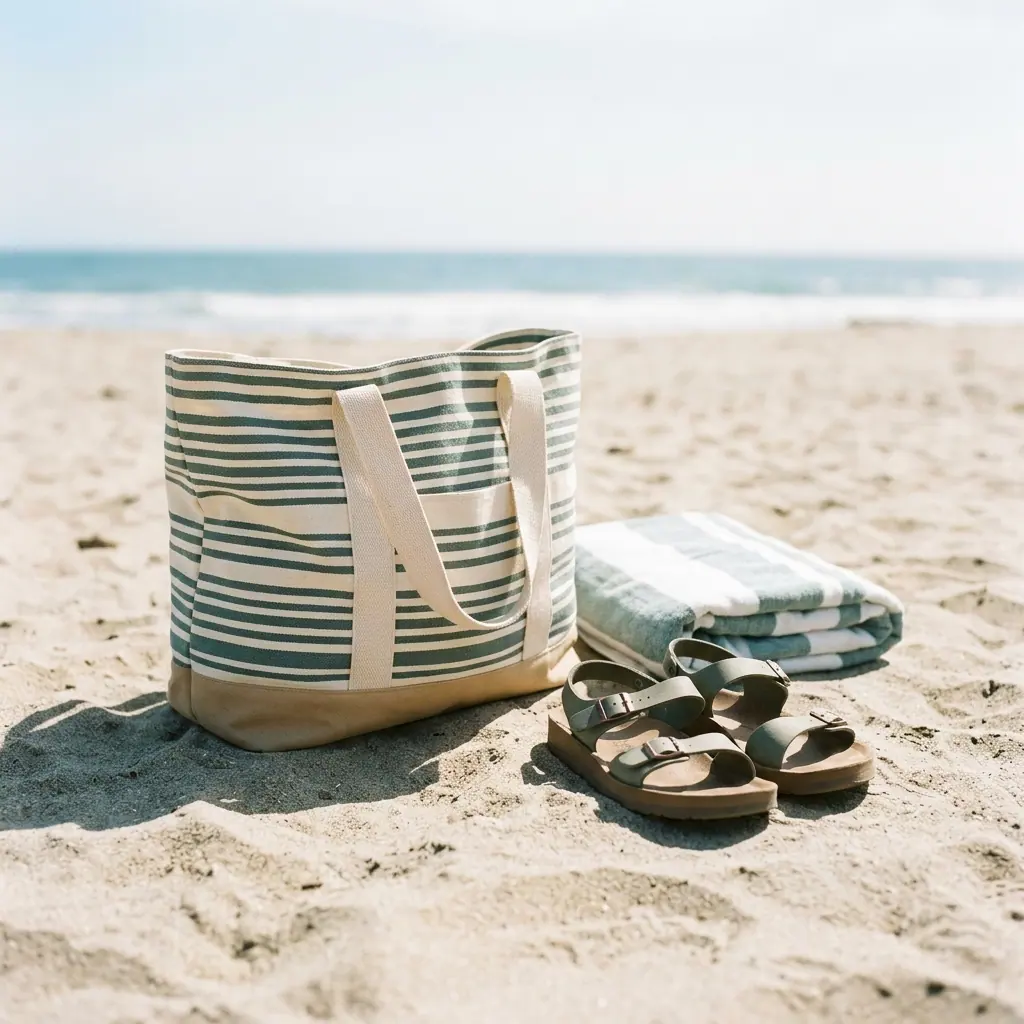 Striped beach tote, towel and sandals on the sand