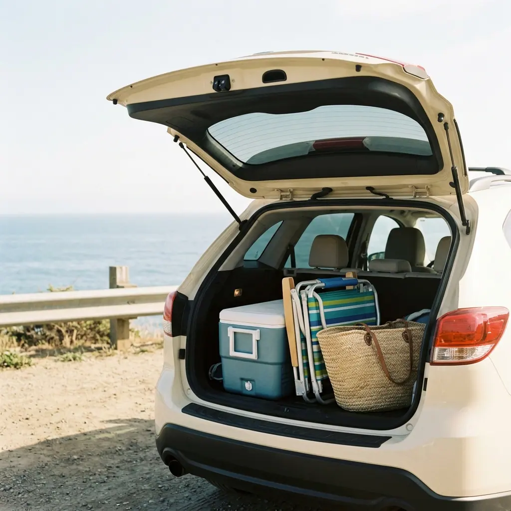 Open car trunk packed with a cooler, beach chairs and a basket above the ocean
