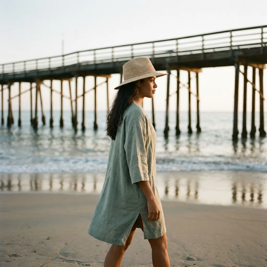 Woman in a sun hat walking on the beach beside a pier
