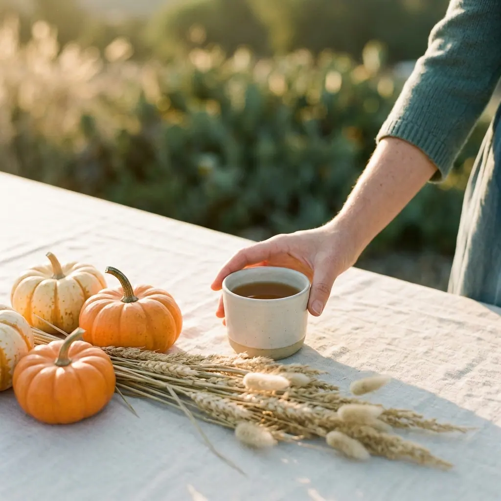Hand reaching for a mug beside small pumpkins and dried wheat