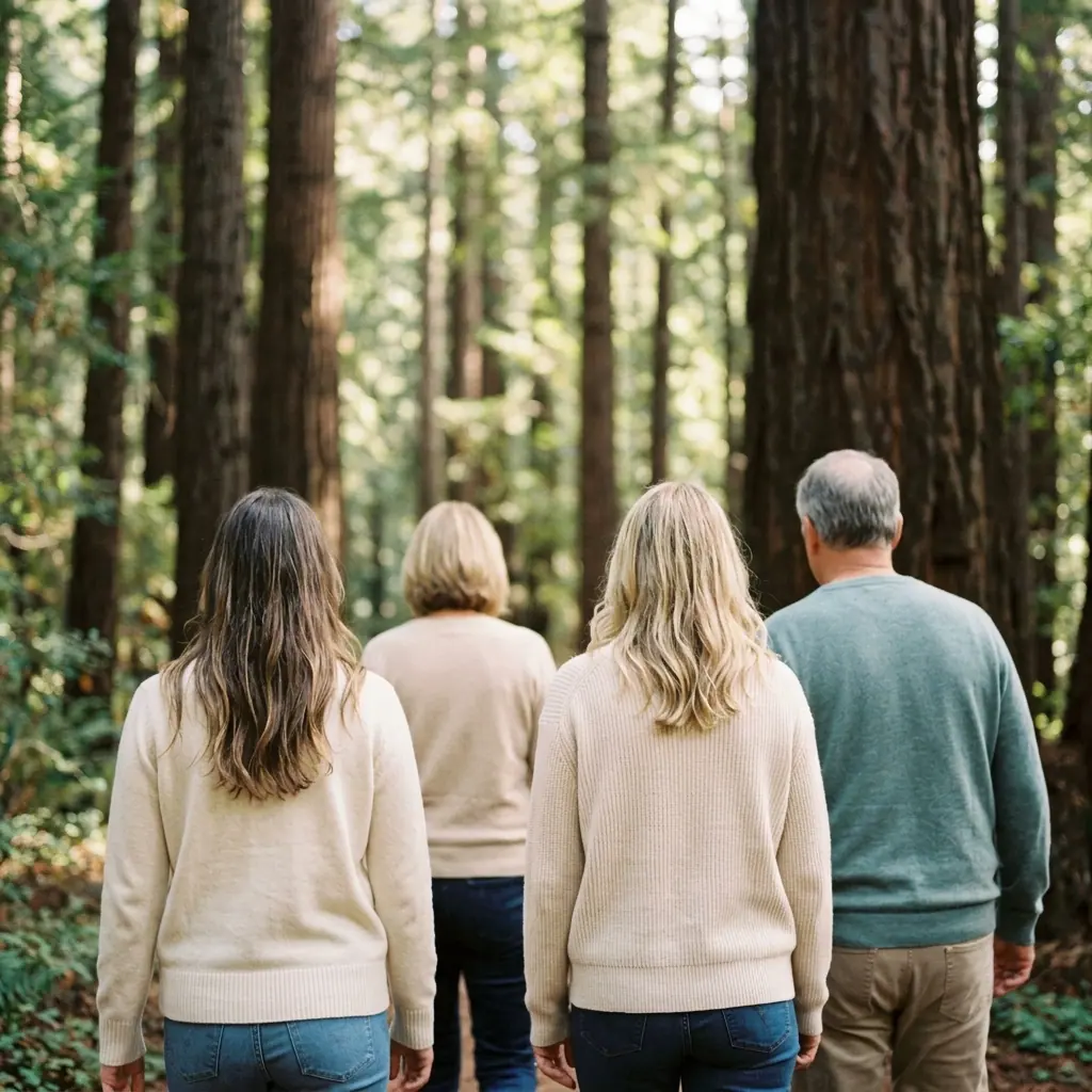 Family of four walking through a redwood forest