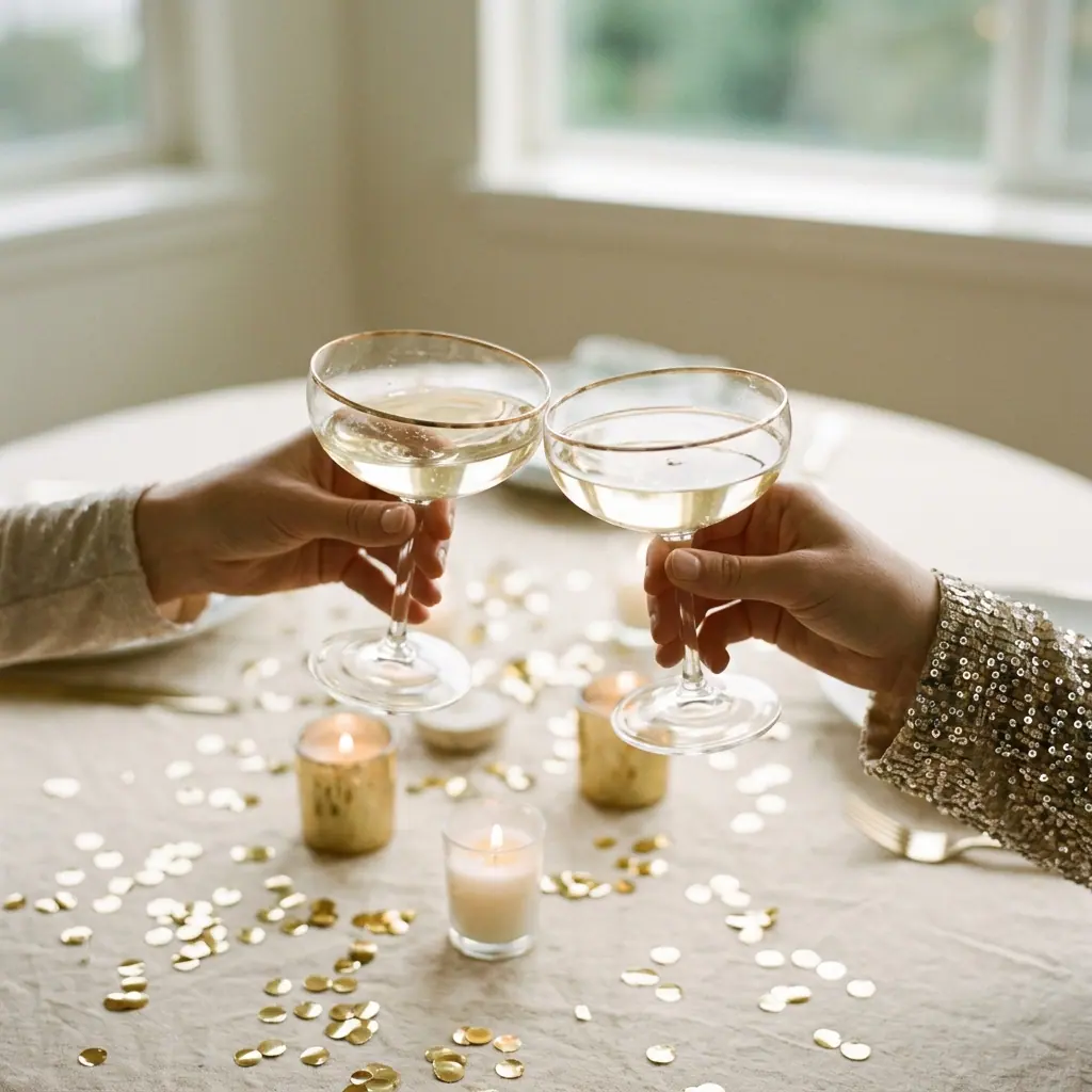 Two hands toasting with coupes over candles and gold confetti