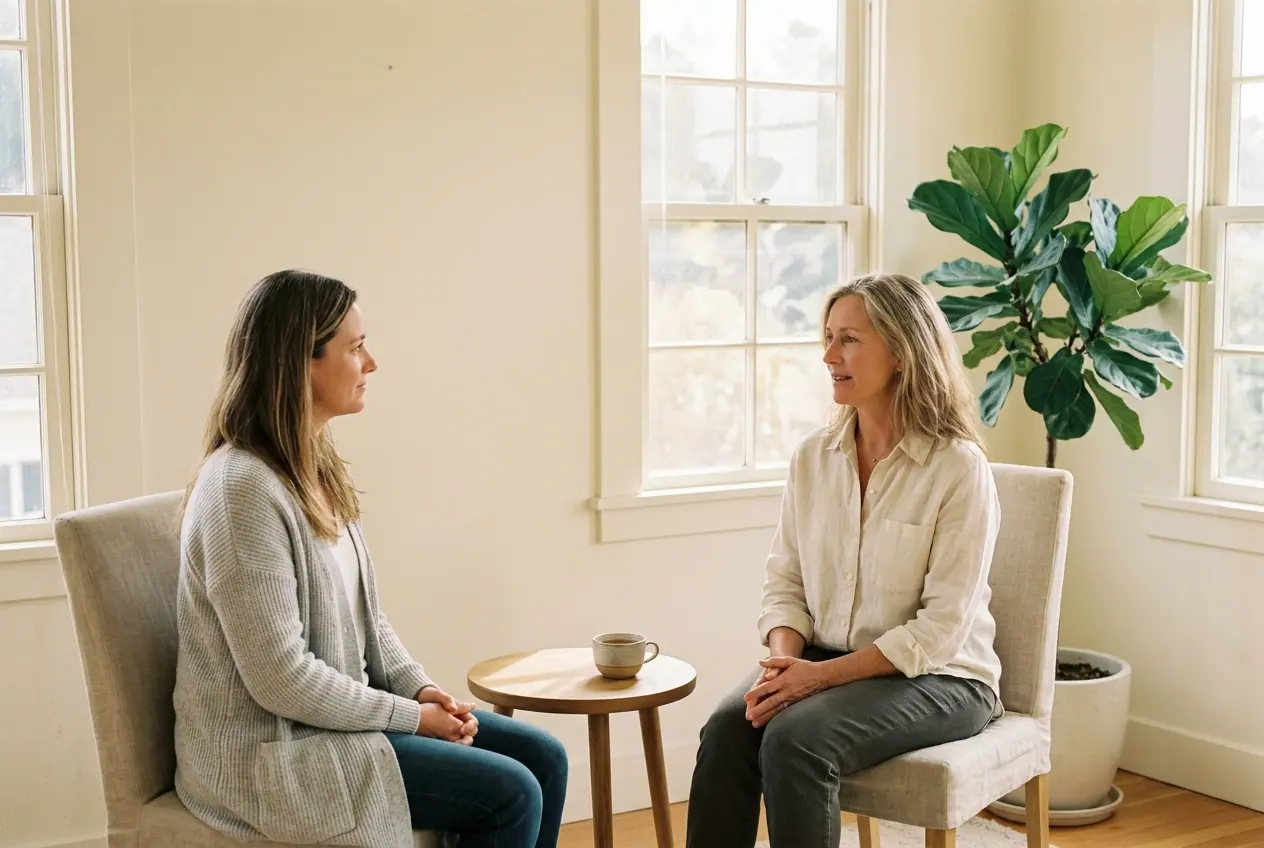Two women talking over tea in a bright room