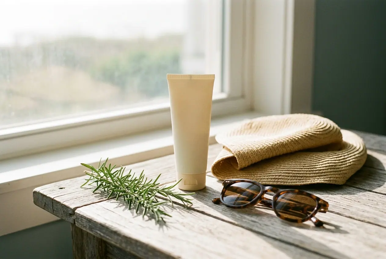 Sunscreen, a straw hat and sunglasses on a sunny table by the window